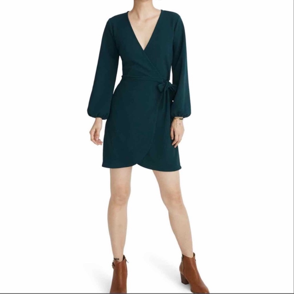 Madewell Long Sleeve Faux Wrap Green Dress Size L